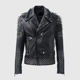 Handmade Silver Biker Brando Mens Punk Biker Full Black Silver Studded Biker Leather Jacket